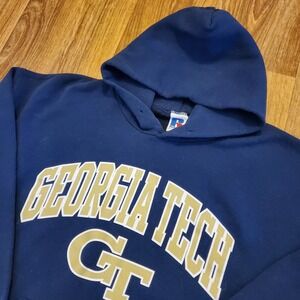 Vtg Georgia Tech Yellow‎ Jackets Hoodie Sweatshirt Men L Blue Pullover Russell